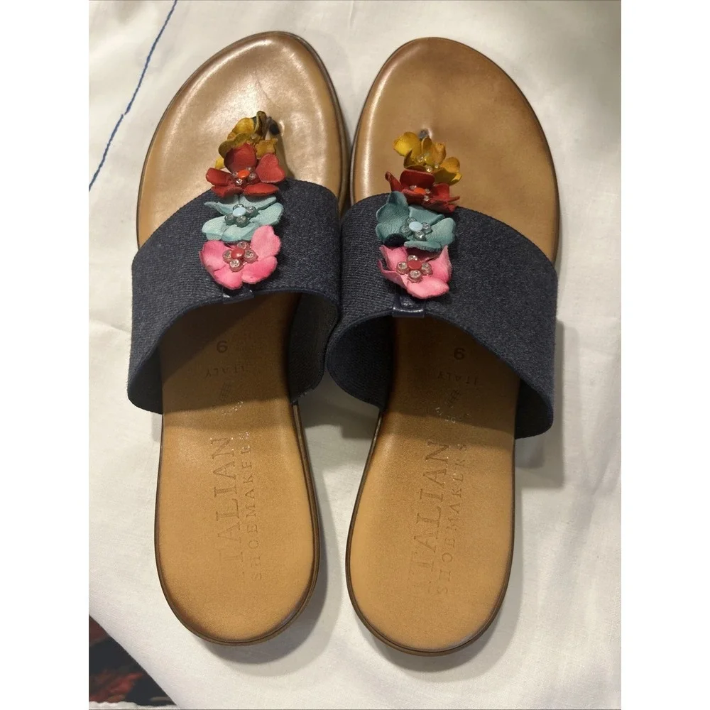 Italian Shoemakers Julliet Sandals Denim  Stretch Leather Flowers SZ 9 Italy